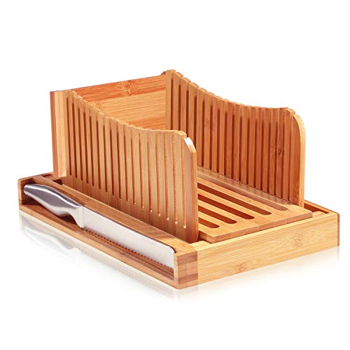 Premium Bamboo Bread Slicer with Knife - Cutting Guide for Homemade Bread, Cakes, Bagels - Foldable and Compact with Crumb Tray and Stainless-Steel Knife