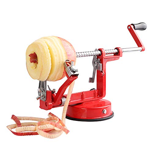 Apple Peeler, Stainless Steel Apple Corer Slicer Peeler, Durable Heavy Duty Die Cast Magnesium Alloy Apple Peeler Slicer Corer with Suction Base, Red