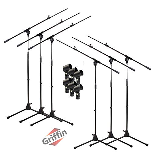 Microphone Boom Stand with Mic Clip Adapter (Pack of 6) by GRIFFIN | Adjustable Holder Mount For Studio Recording Accessories, Singing Vocal Karaoke, Live Stage | Tripod Folding Legs & Telescoping Arm