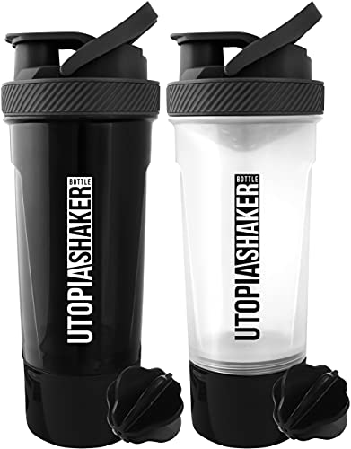 Utopia Home 2-Pack Shaker Bottle - 24 Ounce Protein Shaker Bottle for Pre & Post workout drinks - Classic Protein Mixer Shaker Bottle with Twist and Lock Protein Box Storage(All Black & Clear/Black)