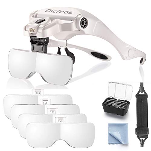 Dicfeos Headband Magnifier with LED Light, Head Mounted Magnifying Glasses for Close Work, 5 Clear Magnifying Lenses