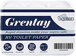 RV Toilet Paper, Quick Dissolve for Septic Safe - 4Ply - 12 Rolls, Bath Tissue for Camping, Marine, RV Holding Tanks, Ultra Soft, Strong and Highly Absorbent