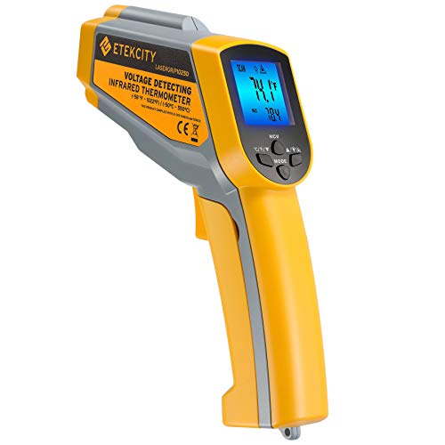 Etekcity Infrared Thermometer 1025D (Not for Human) Dual Laser Temperature Gun-58~1022 (-50~550) with Adjustable Emissivity, Non-Contact Voltage Tester (NCV), Standard Size, Yellow & Gray