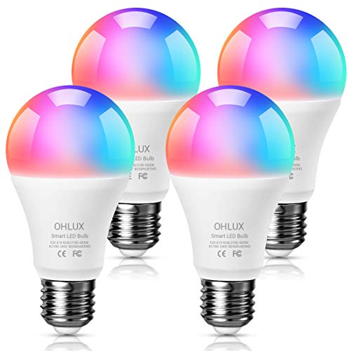 OHLUX Smart WiFi LED Light Bulbs Compatible with Alexa and Google Home (No Hub Required), RGBCW Multi-Color, Warm to Cool White Dimmable, 60W Equivalent, 7W E26 A19 Color Changing Bulb-4PACK