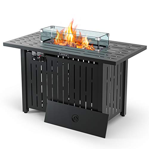 43in Outdoor Propane Gas Fire Pit Table with Glass Wind Guard, Glass Rock, Waterproof Cover, SNAN Retangular 50,000 BTU Auto-Ignition CSA Certification