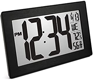 Marathon Slim Panoramic Atomic Full Calendar Wall Clock with 8 Time Zones, Indoor Temperature, and Stand - Batteries Included - CL030068BK-BS (Black Case/Black Stainless Finish)