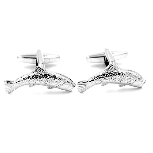 Salmon Trout Fish Cuff Links Fly Fishing Rod Angler Present Silver Cufflinks