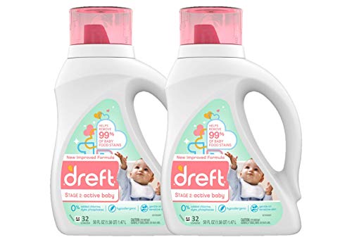 Dreft Stage 2: Baby Liquid Laundry Detergent Soap, Natural for Newborn, or Infant, HE, 64 Total Loads (Pack of 2) - Unscented and Hypoallergenic for Sensitive Skin