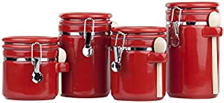 Home Basics 4 Piece Ceramic Spoon Airtight Set, Food Storage Container for Kitchen Counter, Sugar, Coffee, Canister, Red