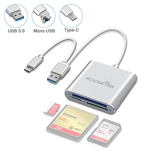 USB C CF Card Reader, Rocketek Compact Flash CF Card Reader 3-in-1 Micro USB to USB Type-C OTG Adapter/USB 3.0 Portable Memory Card Reader for SDXC/SDHC/SD, MMC, Micro SD/SDXC/SDHC Card and UHS-I Card