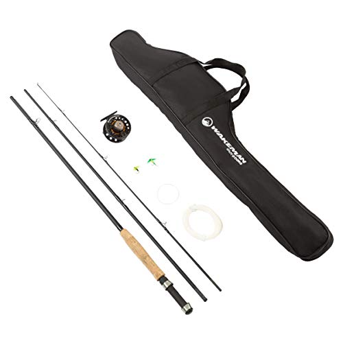 Wakeman Outdoors Fly Fishing Pole  3 Piece Collapsible 97-Inch Fiberglass and Cork Rod and Ambidextrous Reel Combo with Carry Case and Accessories (80-FSH5046)