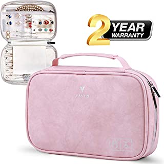 VASCO Travel Jewelry Organizer Roll - Portable Travel Jewelry Case - Compact Jewelry Bag - Jewelry Roll for Necklaces, Earrings, Rings and More - Easy to Carry Jewelry Box for Women (Eco Leather Pink)