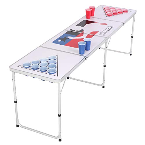 PEXMOR 8 FT Folding Beer Pong Table with Cup Holes & Safety Lock, Portable Beer Game Table Height Adjustable Lightweight with 24 Cups & Ping-Pongs,Upgraded Stability Pong Game Tables,White