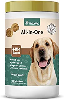 NaturVet All-in-One Dog Supplement - for Joint Support, Digestion, Skin, Coat Care  Dog Vitamins, Minerals, Omega-3, 6, 9  Wheat-Free Supplements for Dogs  120 Soft Chews