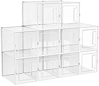 SONGMICS Plastic Shoe Boxes, Tall Shoe Storage Organizers for High Heels, Ankle Boots, High Tops, Pack of 10, Stackable and Foldable, Clear Front Door, Transparent ULSP001W01