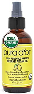 PURA D'OR Organic Moroccan Argan Oil (4oz / 118mL) USDA Certified 100% Pure Cold Pressed Virgin Premium Grade Moisturizer Treatment for Dry & Damaged Skin, Hair, Face, Body, Scalp & Nails