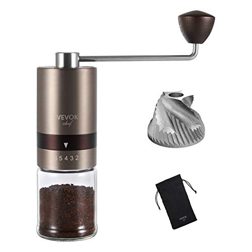 VEVOK CHEF Manual Coffee Grinder Gold Stainless Steel Burr Coffee Grinder with Portable Bag Adjustable Setting Compact Hand Coffee Grinder for Espresso, French Press, Pour over Small Portable Coffee Bean Mill for Camping Travel Gift Coffee