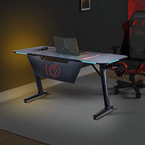 Gaming Desk Pro with RGB LED Lights, Z-Shaped PC Home Office Computer Table with Headphone Hook and Adjustable Pads