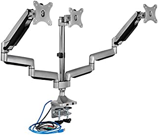 Mount-It! Triple Monitor Mount | Desk Stand with USB and Audio Ports | 3 Counter-Balanced Gas Spring Height Adjustable Arms for Three 24 27 30 32 Inch VESA Screens | C-Clamp and Grommet Bases Included