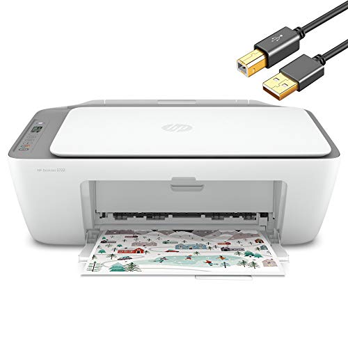 HP DeskJet Series All-in-One Wireless Color Inkjet Printer - 3-in-1 Print, Scan, Copy for Home Business Office, Up to 1200 dpi, Dual-Band WiFi, Bluetooth, Icon LCD display, White, 5 Feet Printer Cable