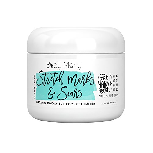 Stretch Marks & Scars Defense Cream Daily Moisturizer w Organic Cocoa Butter + Shea + Plant Oils + Vitamins to Prevent, Reduce and Fade Away Old or New Scars Best for Pregnancy, Men/Bodybuilders (4oz)