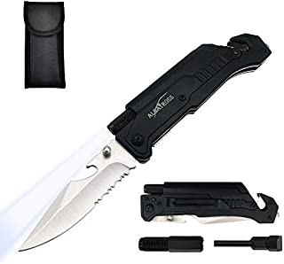 ALBATROSS 6-in-1 Camping Hiking Multi-Function Folding Pocket Knife with LED Light,Rope cutter,Glass Breaker,Fire Starter,Bottle Opener(Black)