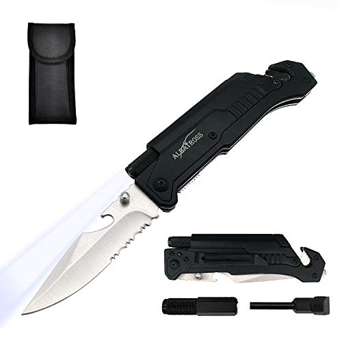 ALBATROSS 6-in-1 Camping Hiking Multi-Function Folding Pocket Knife with LED Light,Rope cutter,Glass Breaker,Fire Starter,Bottle Opener(Black)