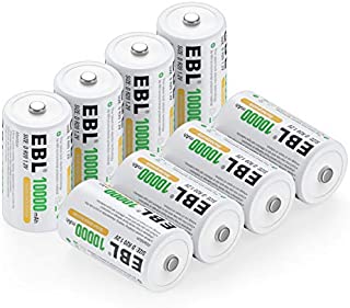 EBL Pack of 8 10000mAh Ni-MH D Cells Rechargeable Batteries, Battery Case Included