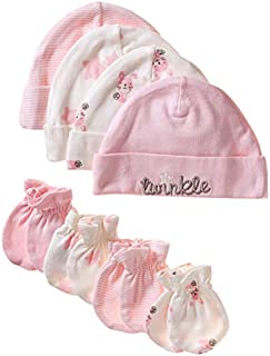 GERBER Baby Girls' 8-Piece Organic Cap and Mitten Set, Bunny, Newborn