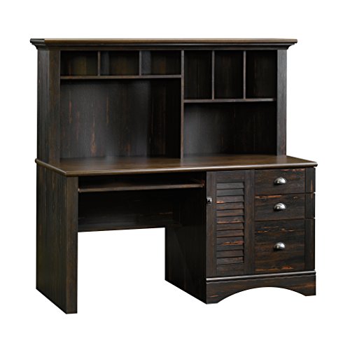 Sauder Harbor View Computer Desk with Hutch, Antiqued Paint finish