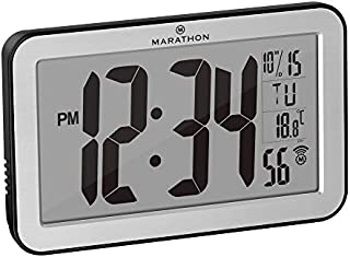 Marathon Commercial Grade Panoramic Autoset Atomic Digital Wall Clock with Table or Desk Stand, Date, and Temperature, 8 Time Zone, Auto DST, Self Setting, Self Adjusting, Batteries Included (Silver)