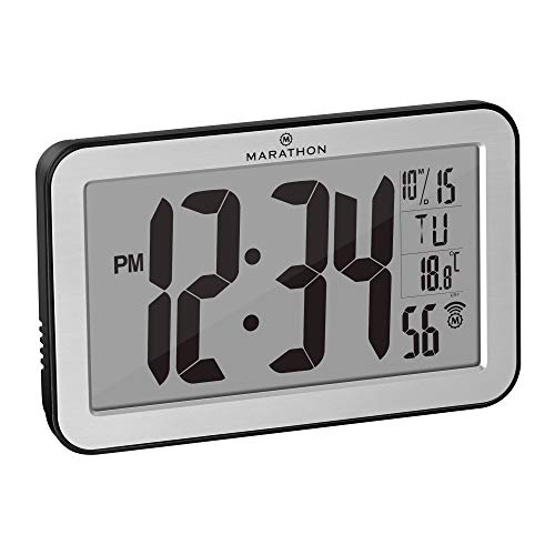 Marathon Commercial Grade Panoramic Autoset Atomic Digital Wall Clock with Table or Desk Stand, Date, and Temperature, 8 Time Zone, Auto DST, Self Setting, Self Adjusting, Batteries Included (Silver)