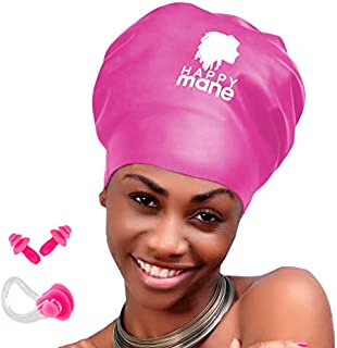 Happy Mane Silicone Swim Cap for Braids and Dreadlocks - Keeps Your Hair Dry While Swimming and Bathing Long Hair, Extensions, and Curly Hair - Large Shower Cap for Women, Men, Kids (Pink, Medium)