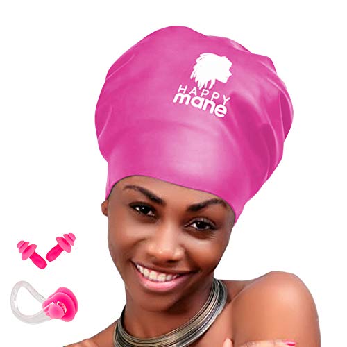 Happy Mane Silicone Swim Cap for Braids and Dreadlocks - Keeps Your Hair Dry While Swimming and Bathing Long Hair, Extensions, and Curly Hair - Large Shower Cap for Women, Men, Kids (Pink, Medium)