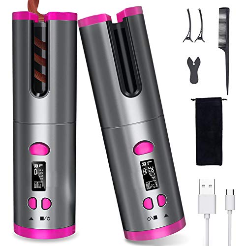 Unbound Cordless Automatic Hair Curler, Anti-Tangle Wireless Auto Curling Iron Wand with LCD Display,Portable USB Rechargeable Spin Curler Ceramic Barrel Rotating Fast Heating for Long Hair