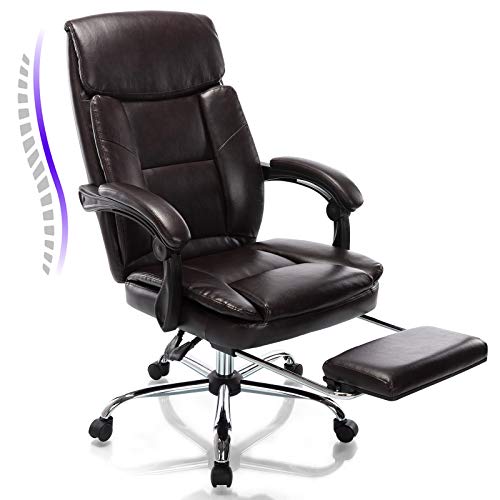 Rimiking Big and Tall Reclining Leather Office Chair Metal Base High Back Executive Computer Desk Chair with Adjustable Lumbar Support Angle Recline Locking System and Footrest Brown