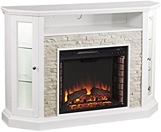 SEI Furniture Redden Faux Stone Convertible Electric Media Storage Corner Fireplace, Fresh White