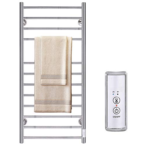 JSLOVE Heated Towel Warmer Wall Mounted for Bathroom,12 Bars Hot Electric Towel Warmer with Timer, Stainless Steel Towel Drying Rack, Plug-in/Hardwired, Brushed