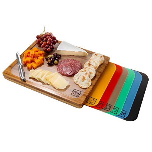 Seville Classics Easy-to-Clean Bamboo Cutting Board and 7 Color-Coded Flexible Cutting Mats with Food Icons Set