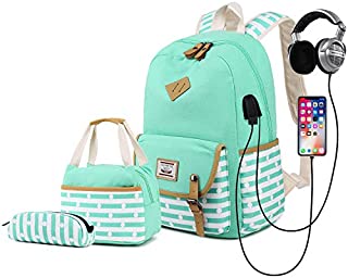 Delapuy Canvas Waterproof Backpack Set for College Girls Women USB Charging Port Fits 14