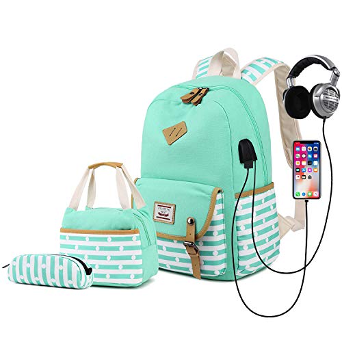 Delapuy Canvas Waterproof Backpack Set for College Girls Women USB Charging Port Fits 14