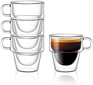 Stoiva Double Wall Insulated Espresso Glass Cups  5 oz. (150 ml) Espresso Shot Glass Cup with Handle  Stackable Thermal Clear Glass Cups, Ideal Fit for Espresso Machine and Coffee Maker  Set of 4