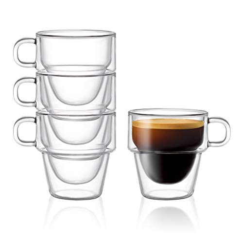 Stoiva Double Wall Insulated Espresso Glass Cups  5 oz. (150 ml) Espresso Shot Glass Cup with Handle  Stackable Thermal Clear Glass Cups, Ideal Fit for Espresso Machine and Coffee Maker  Set of 4