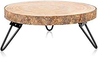 Timber Tree 10 inch Wood Cake Stand for Dessert Table - Round Rustic Cake Holder Tray Wooden Serving Platter Pedestal Centerpiece Decoration with Sturdy Hinged Metal Legs for Wedding Cakes