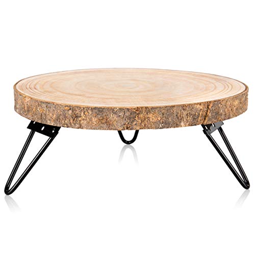 Timber Tree 10 inch Wood Cake Stand for Dessert Table - Round Rustic Cake Holder Tray Wooden Serving Platter Pedestal Centerpiece Decoration with Sturdy Hinged Metal Legs for Wedding Cakes