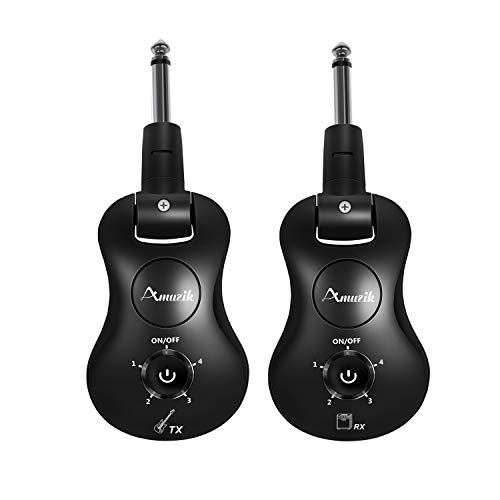 Amuzik Wireless Guitar System 2.4 GHz Rechargeable 4 Channels Wireless Guitar Transmitter Receiver for Electric Guitar Bass Volin