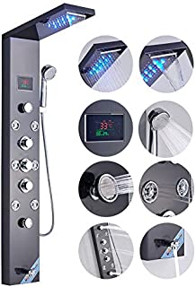 Votamuta LED Light Rainfall Waterfall Shower Panel Tower Rain Massage System with Jets,Hydroelectricity Temperature Display Hand Shower and Horizontal Spray Fingerprint-Free