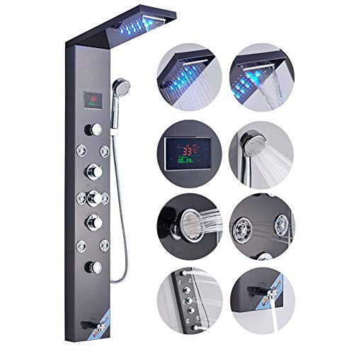 Votamuta LED Light Rainfall Waterfall Shower Panel Tower Rain Massage System with Jets,Hydroelectricity Temperature Display Hand Shower and Horizontal Spray Fingerprint-Free