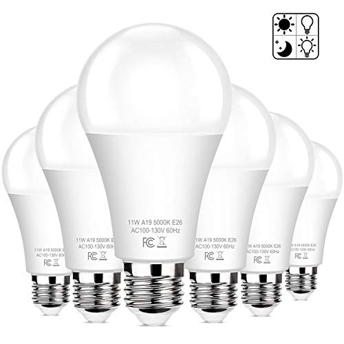 6-Pack Dusk to Dawn LED Light Bulbs, A19 11W(100Watt Equivalent), E26 Basic Automatic On/Off, 1200LM, Daylight White 5000K Smart Sensor Lights, Outdoor for Porch Garage Yard Patio Garden