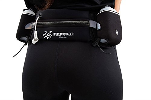 World Voyager No Bounce Runners Hydration Belt with Reflectors, Smartphone Pocket (Fits iPhone 7 Plus), BPA Free Water Bottles - Black